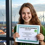 **

A young, motivated environmental engineer, celebrating after successfully passing the certification exam. She is holding her certificate with a beaming smile, with a futuristic city skyline incorporating "green" technologies like wind turbines and solar panels visible through a large window in the background. The scene should convey accomplishment and optimism about the future of sustainable technology.

**