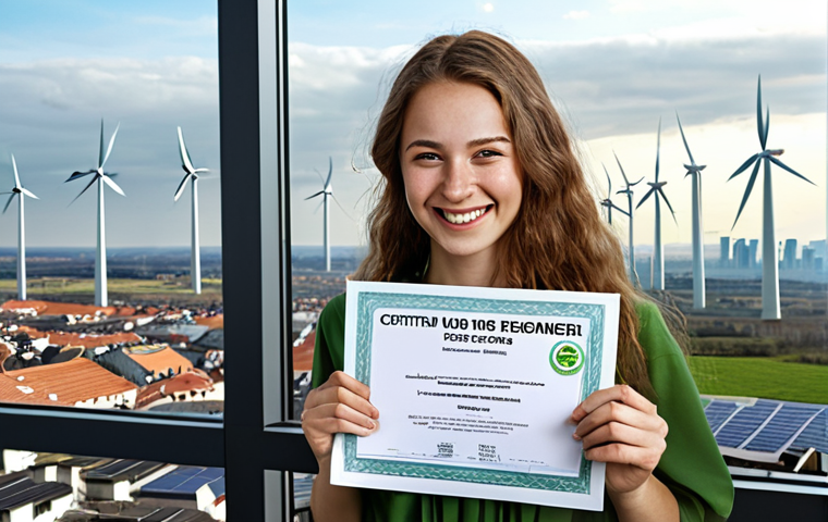 **
A young, motivated environmental engineer, celebrating after successfully passing the certification exam. She is holding her certificate with a beaming smile, with a futuristic city skyline incorporating "green" technologies like wind turbines and solar panels visible through a large window in the background. The scene should convey accomplishment and optimism about the future of sustainable technology.
**